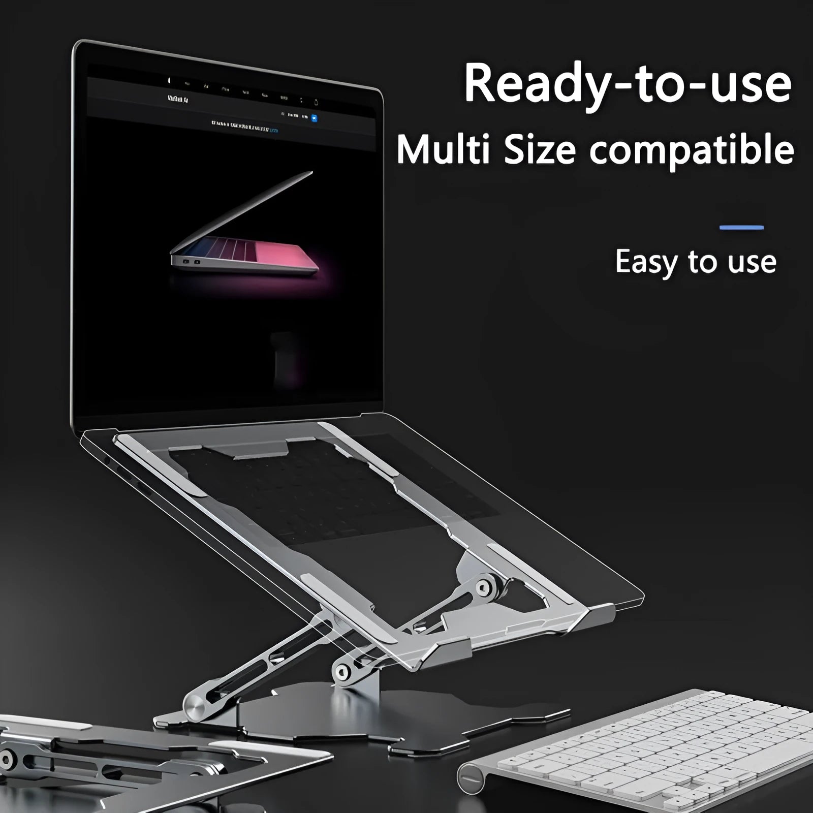 Grey aluminum folding laptop stand shown at an adjustable angle holding a silver laptop.