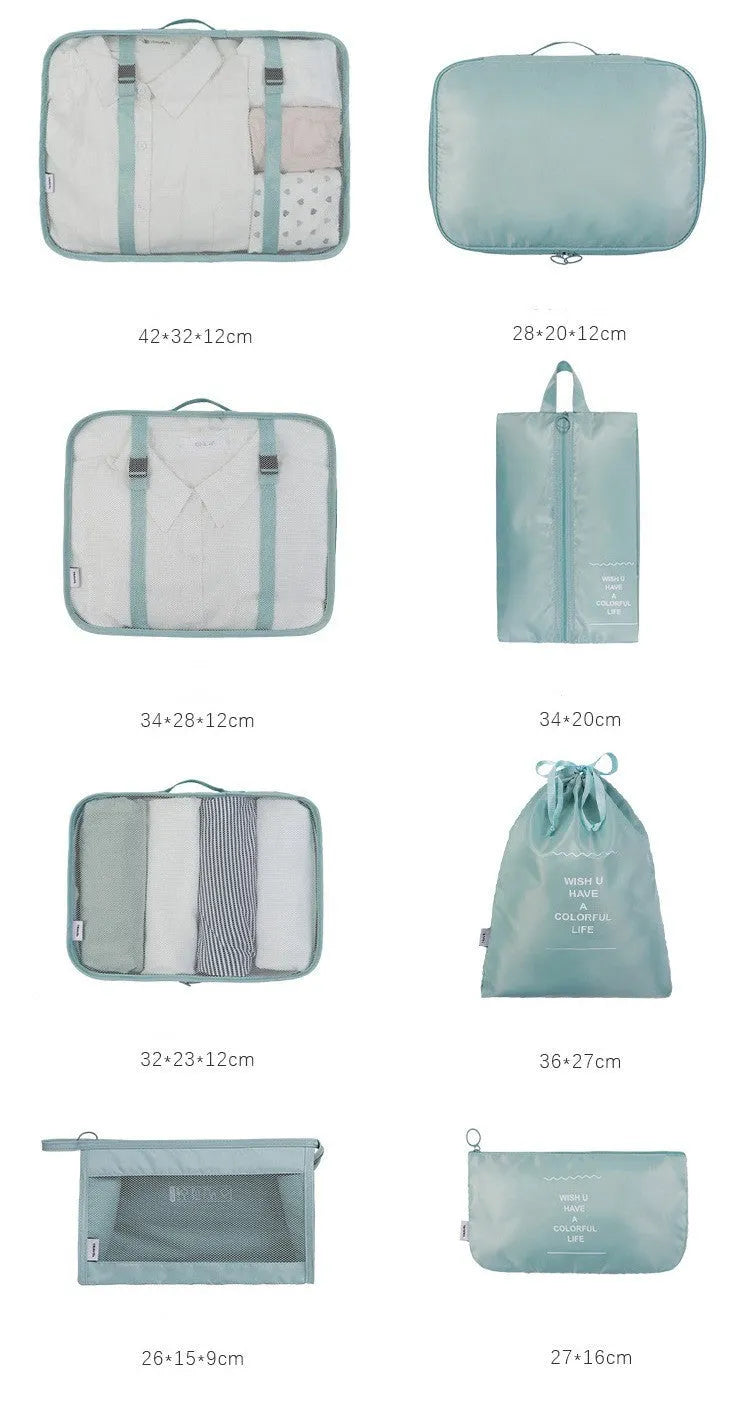 Eight-piece cube polyester storage bag set for travel with seal closure, available in multiple colours