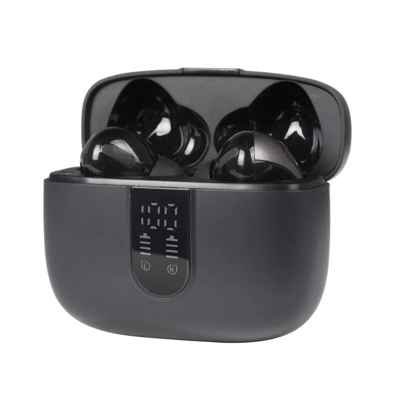 Jerry X08 wireless Bluetooth in-ear headphones with digital display and subwoofer in black grey or white