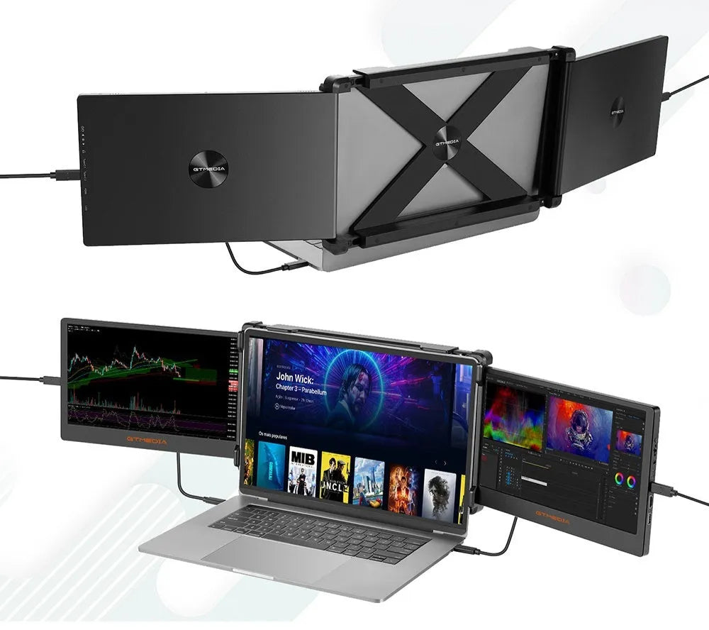 Portable black external monitor screen with cables for mobile phone and laptop connection.