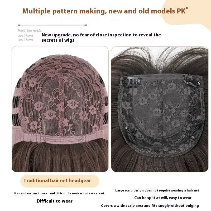 Full-head wig with long straight black layered hair and brown black bangs