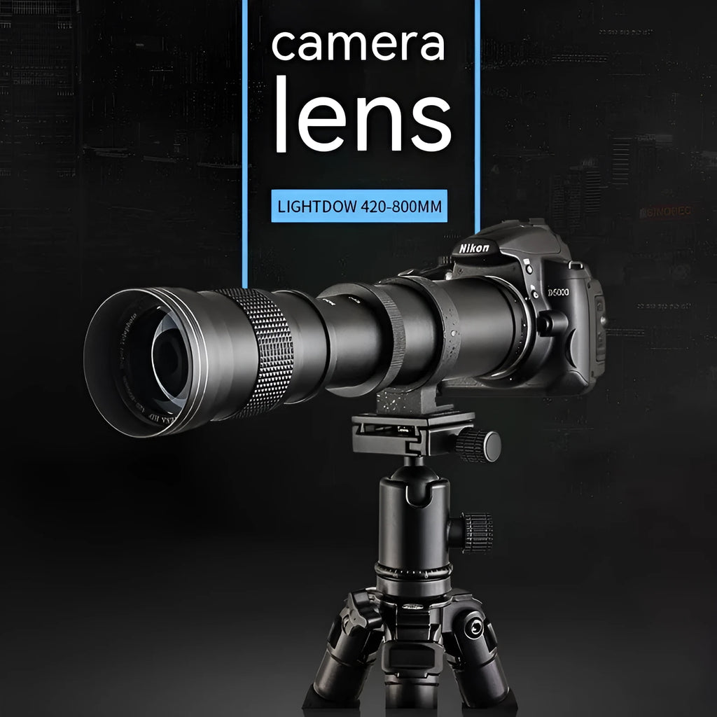 Black 420-800mm manual telephoto zoom camera lens with extended barrel and 67mm filter thread