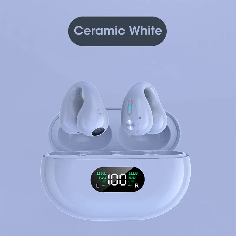 Clip-on bone conduction Bluetooth headset in black, white, or khaki colour with charging cable.