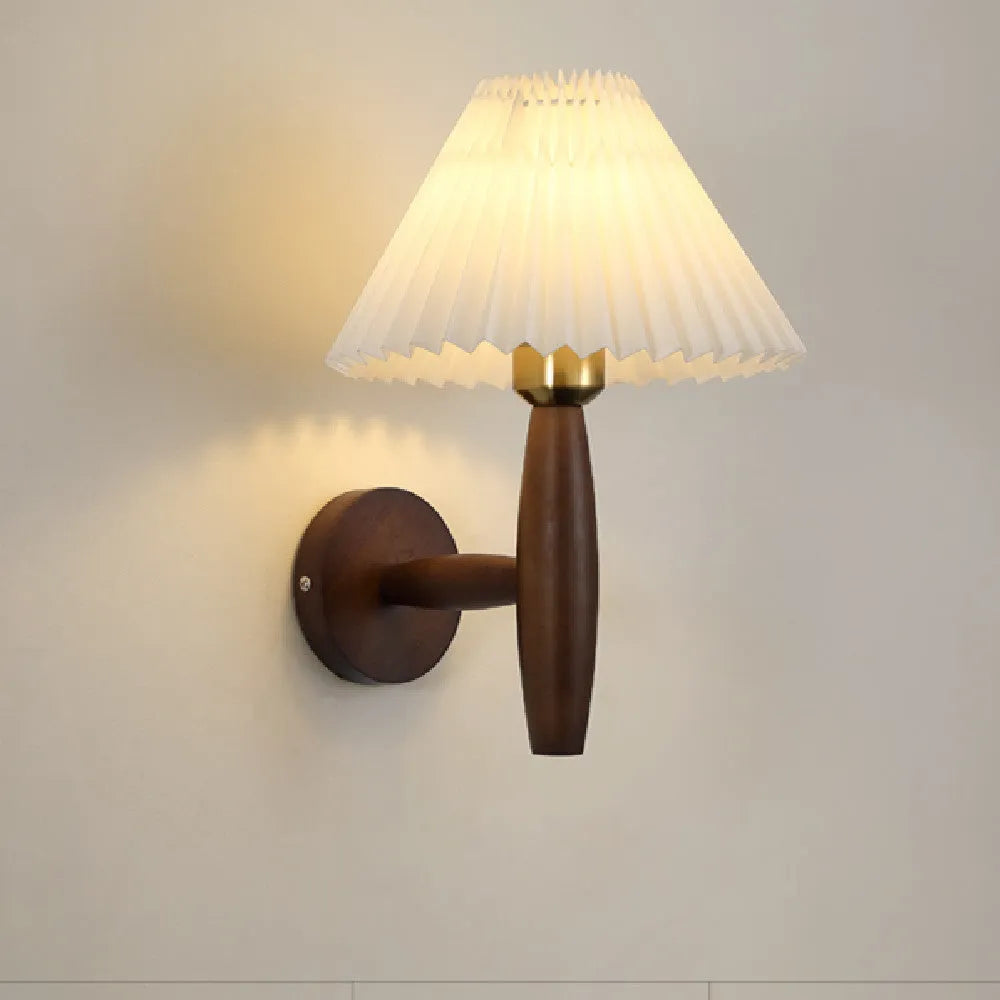 American retro style single head wall lamp with walnut wood frame and fabric shade, mounted on a wall.