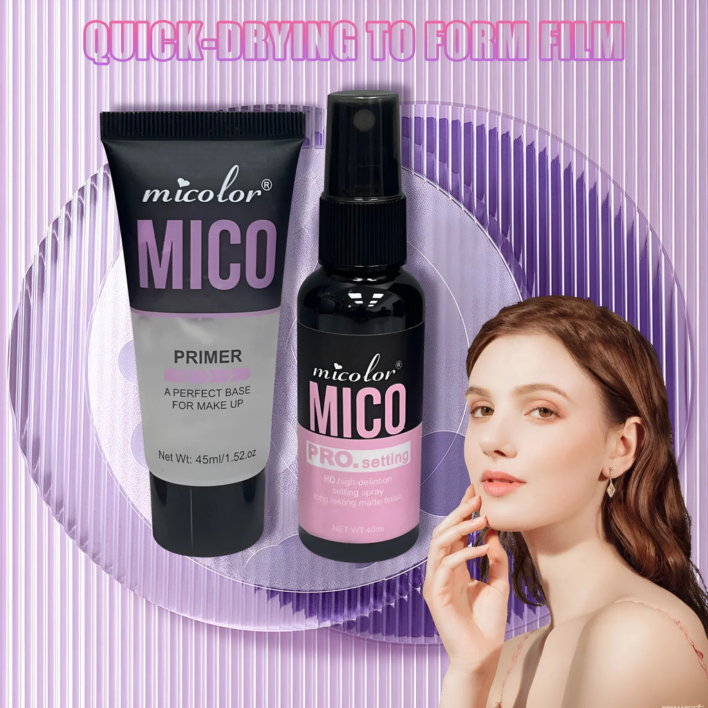 Makeup primer and finishing spray set with 45ml and 40ml bottles for universal skin types