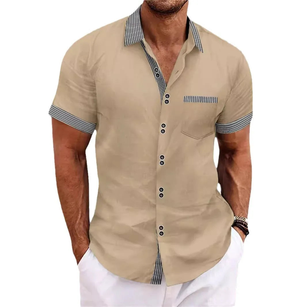 Men's pure cotton striped slim fit casual shirt with double-button short sleeves in light blue colour