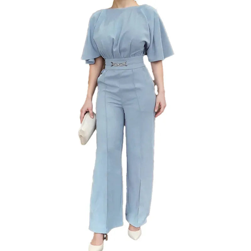 Blue men's casual polyester suit with long sleeve jacket and matching trousers