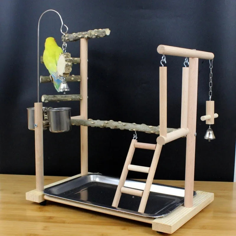 A pepper wood parrot play stand and toy gym for medium to large birds.