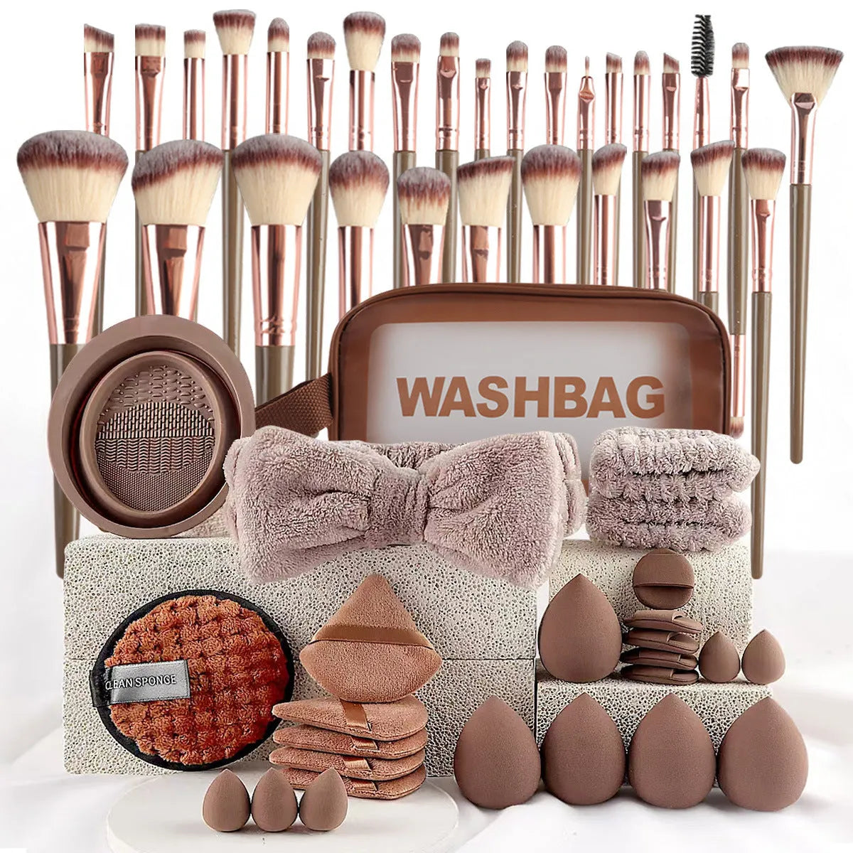 Hydrophilic non-latex beauty tools set with brushes in brown, pink, and purple colours for face washing and makeup