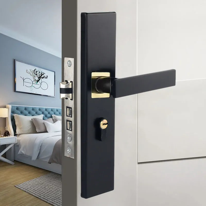 Aluminium split magnetic door lock handle for timber doors in black and silver finish.