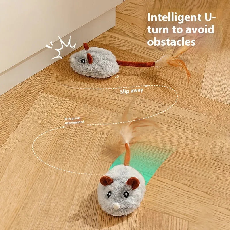 Rechargeable electric cat pole toy with a pink plush mouse on a stand.