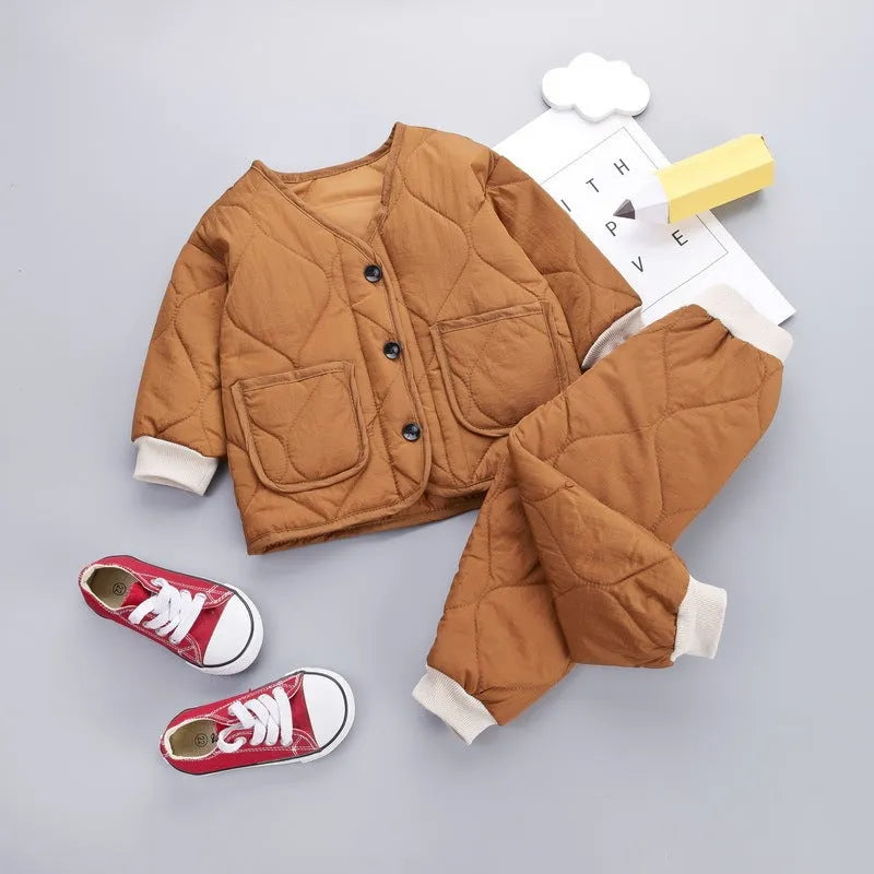 New Korean Version Plus Velvet Thickening Two-piece Baby Suit in beige, 95% cotton, sizes 80-130cm
