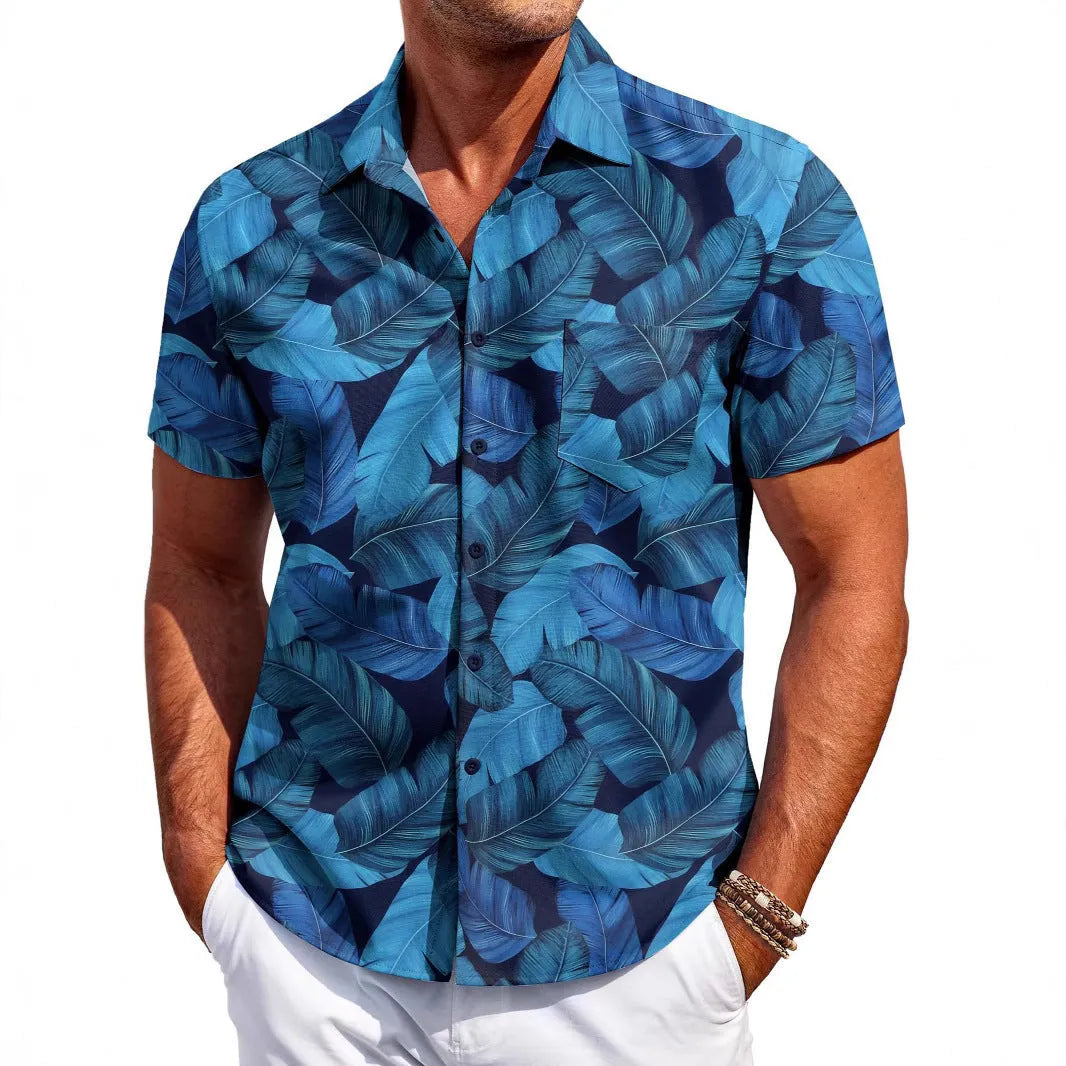 Men's slim fit Hawaiian short sleeve shirt in elastic polyester fabric