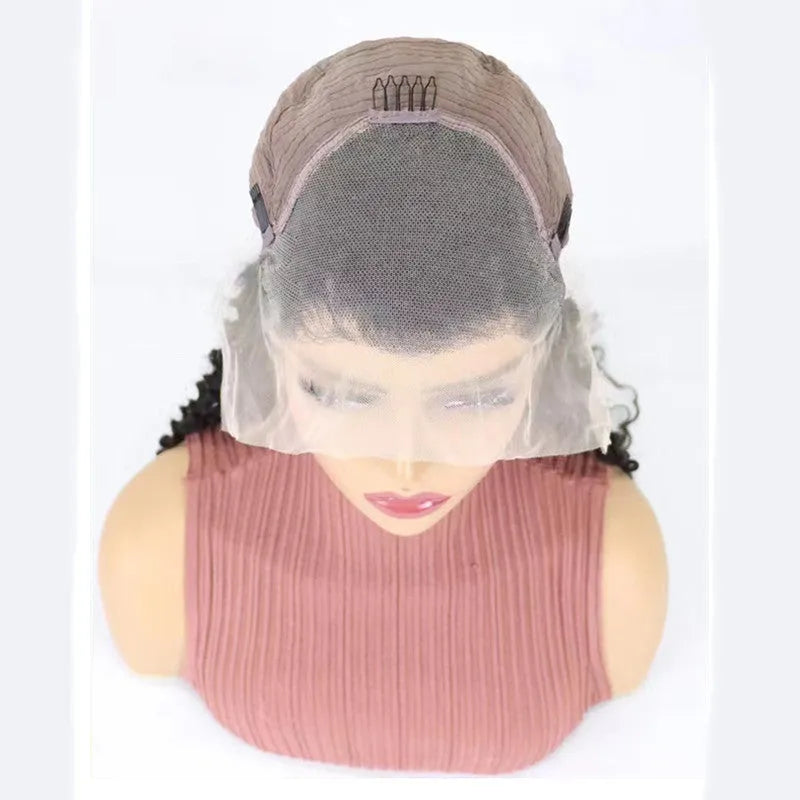 Solid colour human hair half lace front wig displayed on a stand, showing natural hairline.
