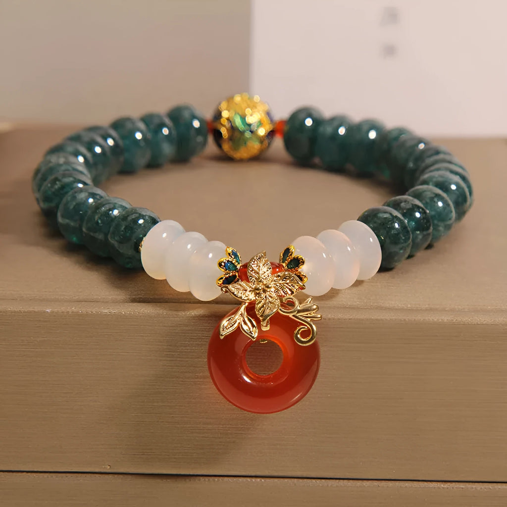 Blue jade abacus bead and red agate peace buckle crystal bracelet for women