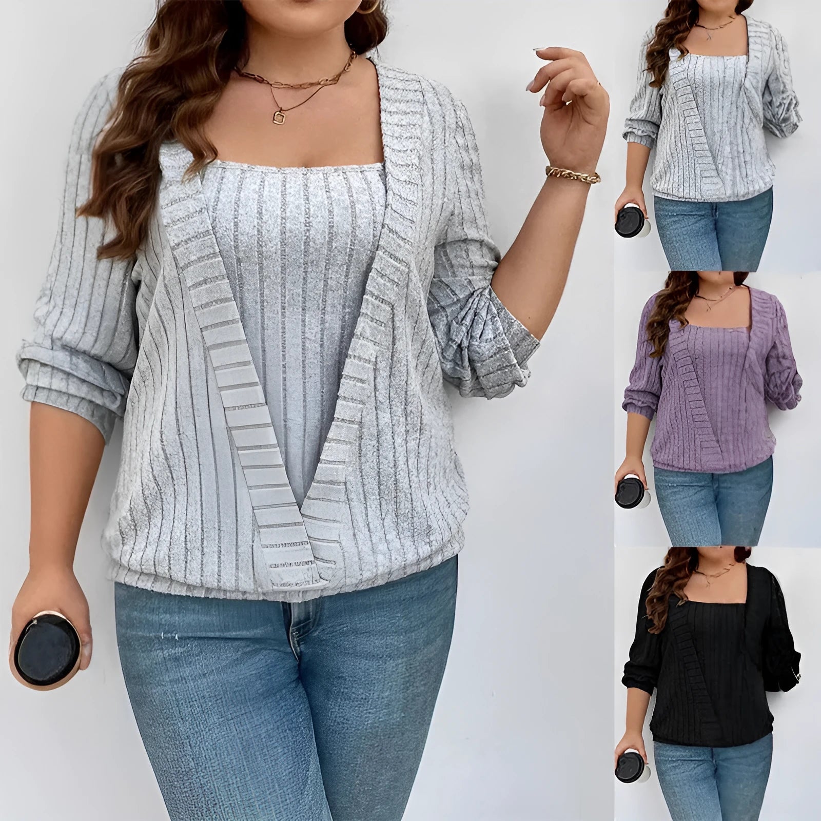 Solid colour rib fabric false two-piece suit with V-neck and long sleeves in loose fit