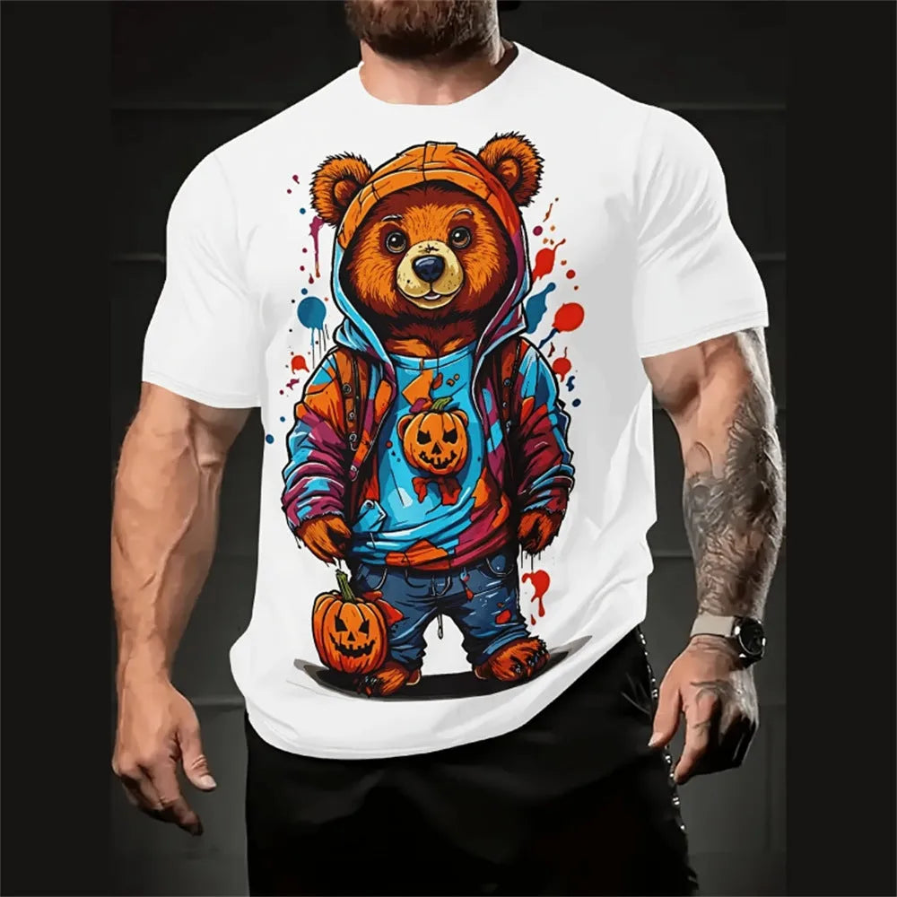 Men's loose-fit casual shirt with a colourful cartoon 3D print on the front, short sleeves.