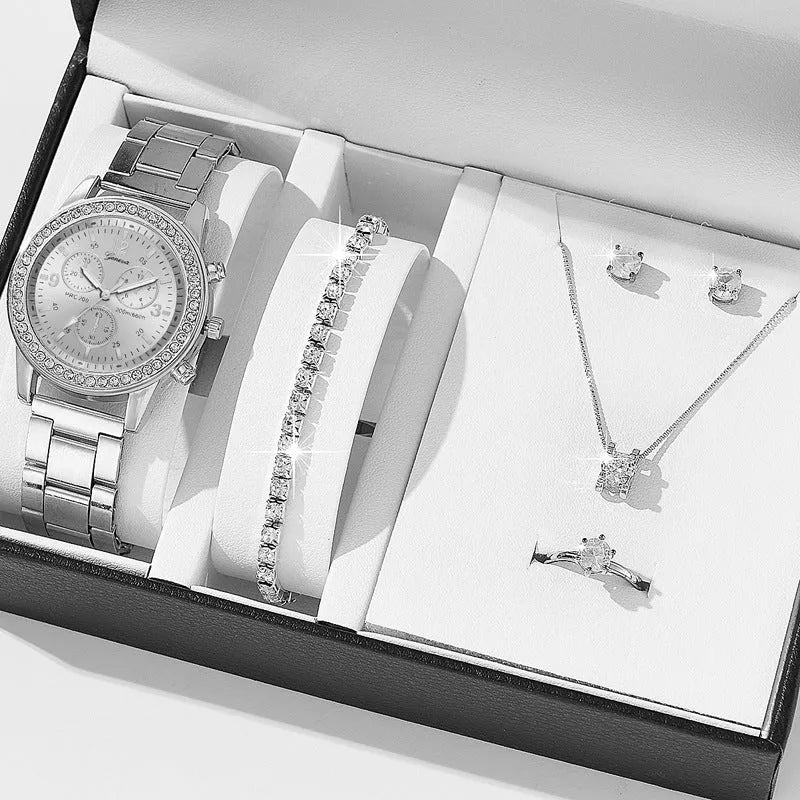 Women's three-eye quartz diamond-embedded watch with rose gold alloy strap
