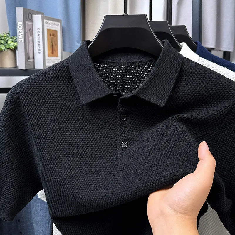 Men's loose fit short sleeve cotton pullover sweater in grey, showing relaxed casual style