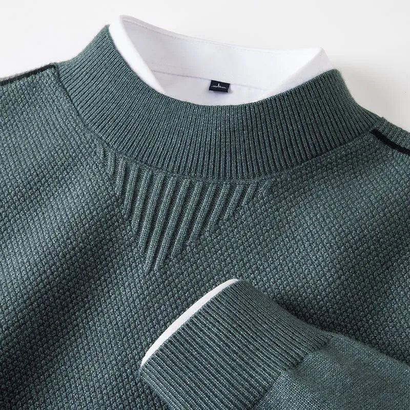 Men's knitted half-turtleneck pullover with inverted triangle jacquard pattern in black, rabbit hair and modal blend