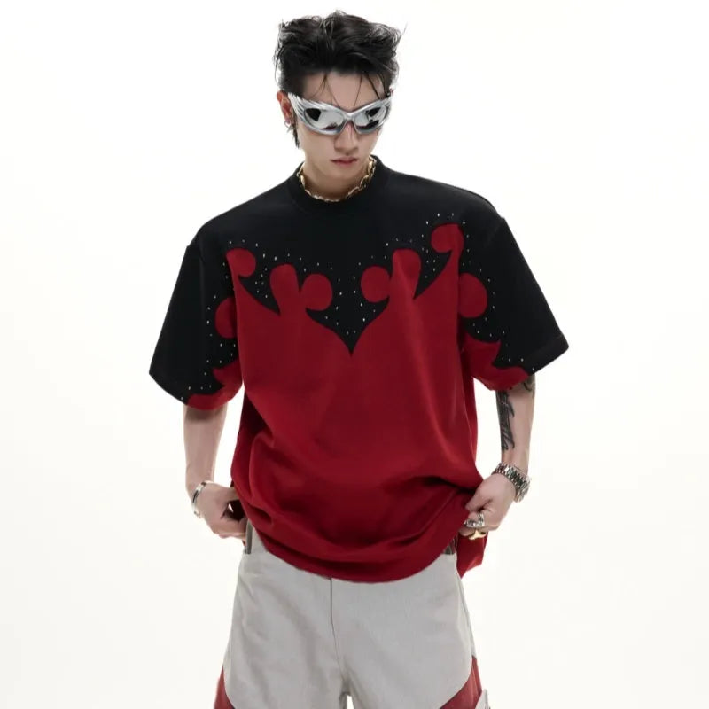 Men's burnt flower rhinestone stitch cotton shirt with drop-shoulder sleeves in red, white, and grey colours