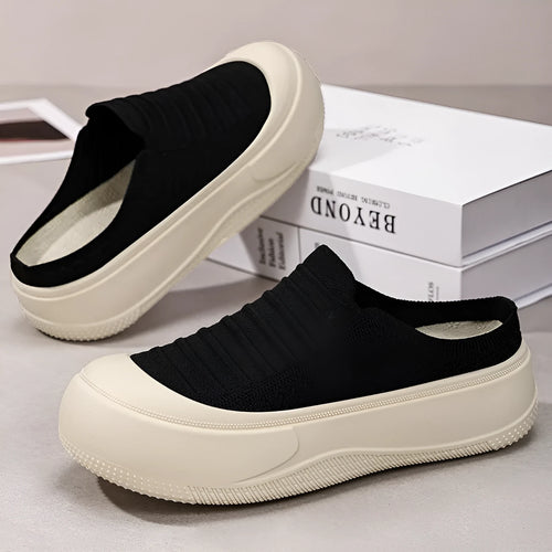 Women's closed-toe Flyknit slippers in beige, black, coffee, and yellow with low-cut profile and PVC sole.