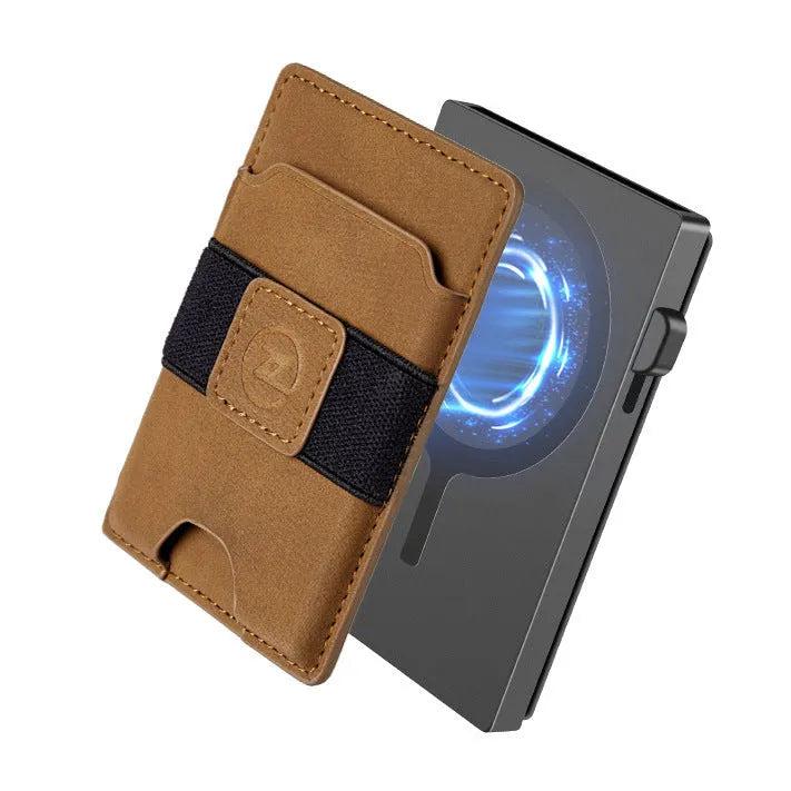 Two-in-one detachable magnetic card holder wallet with automatic cassette in black, brown, and carbon fibre pattern black, PU leather construction.