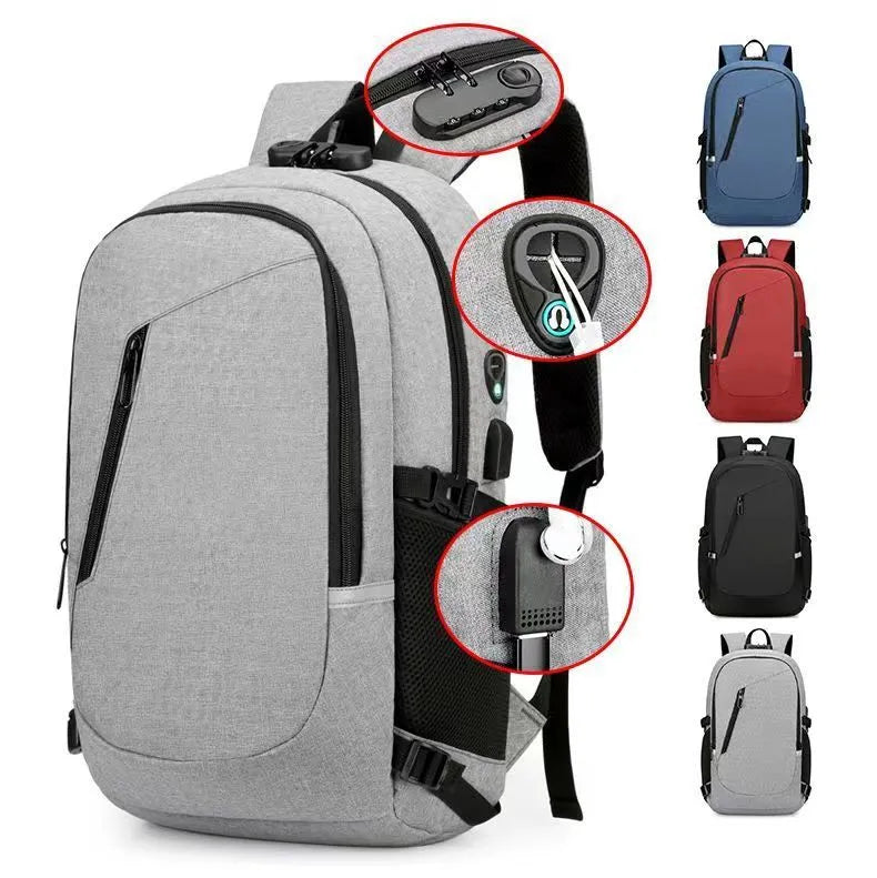 Blue Oxford cloth computer backpack with front pocket, shown next to grey and black colour options.