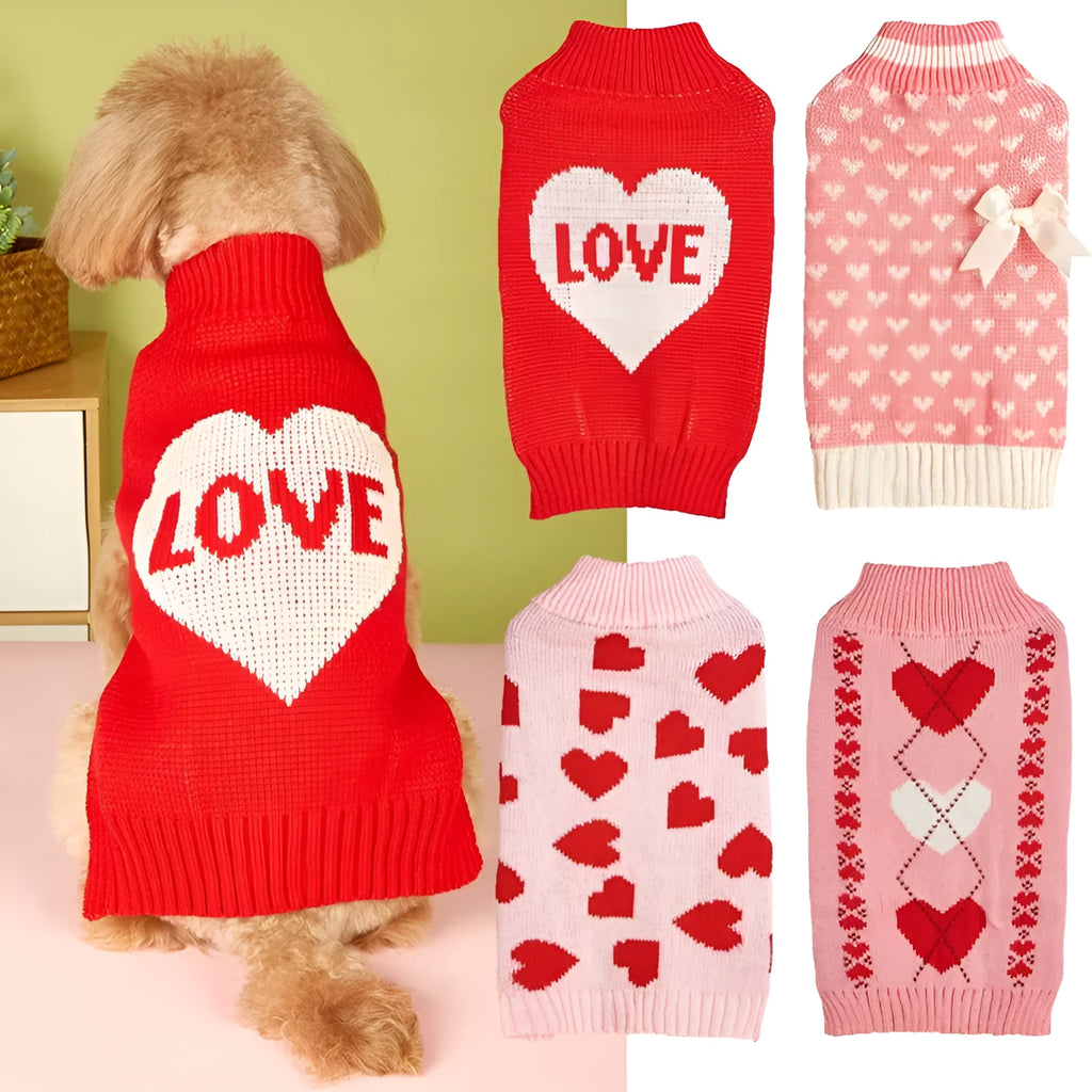 Red dog sweater with a white love heart and bow design on a small dog.