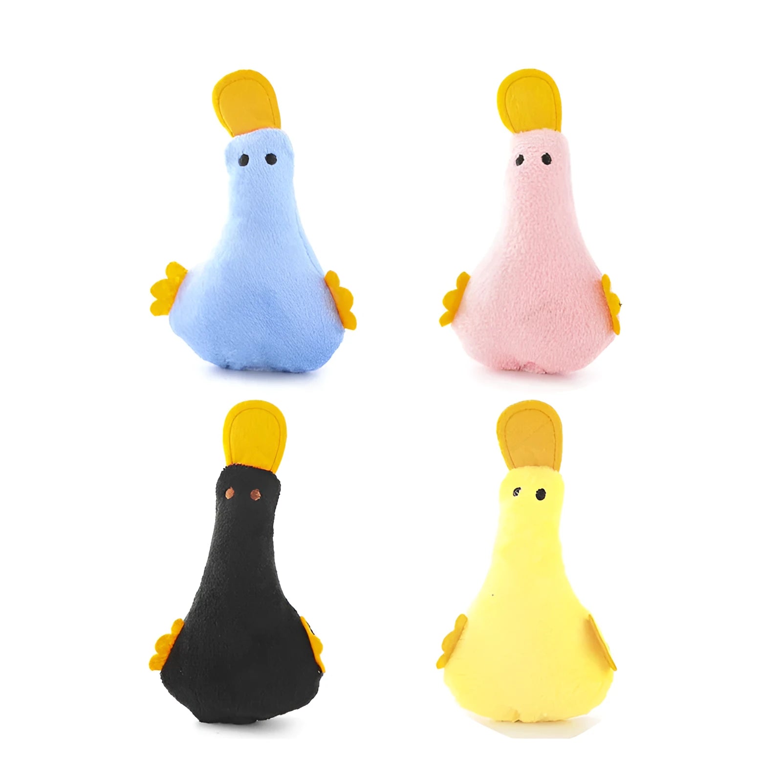 Colourful duck-shaped plush pet toy with catnip filling and squeaker sound for cats and dogs