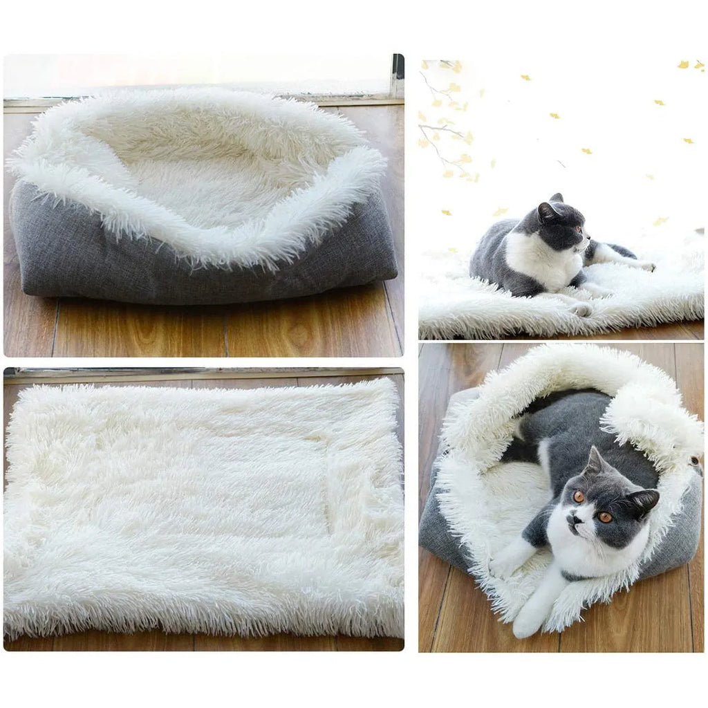 Grey and white fluffy double-layer pet blanket nest with black non-slip bottom, size 61x51cm