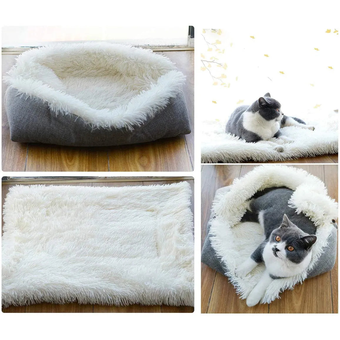 Grey and white fluffy double-layer pet blanket nest with black non-slip bottom, size 61x51cm