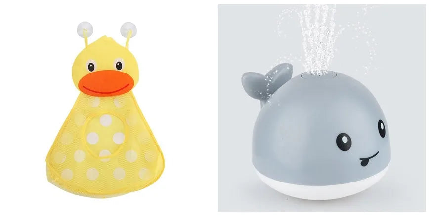 Automatic water-sensing whale bath toy with spray, lights, and music functions for baby bath time
