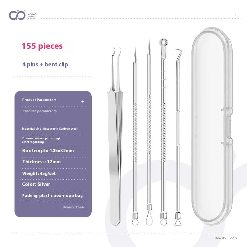 Four silver metal acne needles with ultra-fine pointed tips for skin treatment.