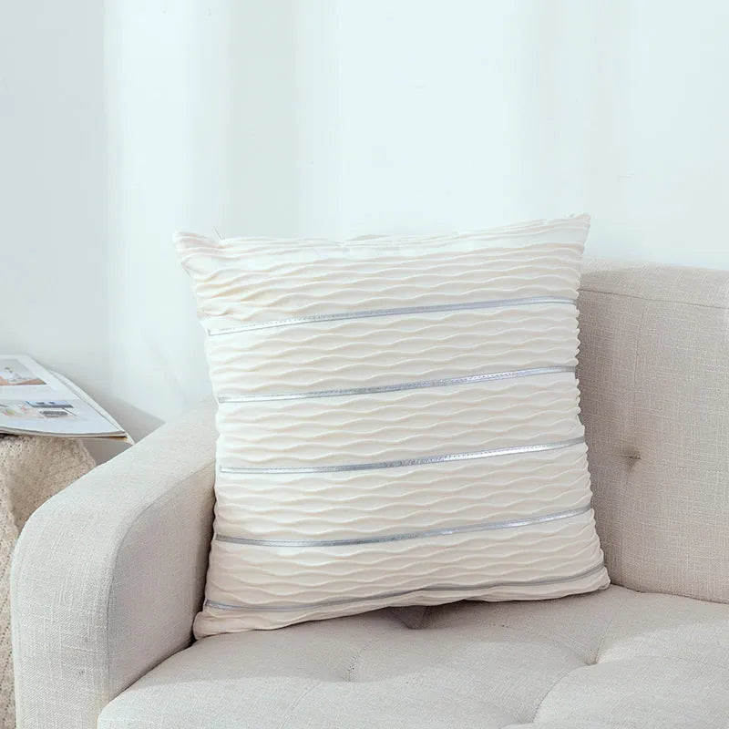 Striped plush velvet pillow cover for sofa in various colours on a 45x45 cm cushion.