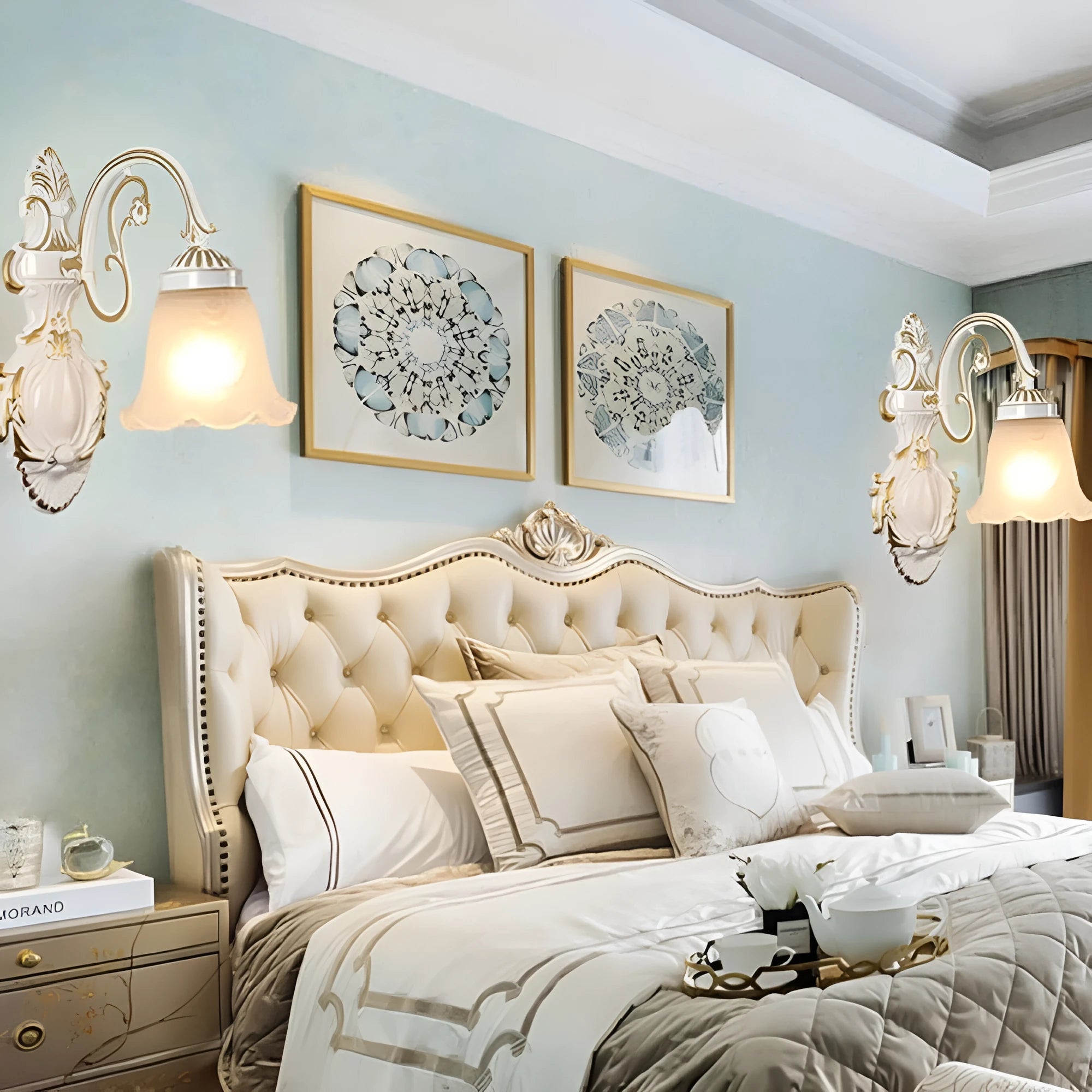 European-style American wall lamp with zinc alloy body and glass lampshade, black double head, mounted on wall in corridor