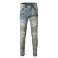 Light blue distressed slim fit men's jeans with hand-frayed detailing and stretch denim fabric