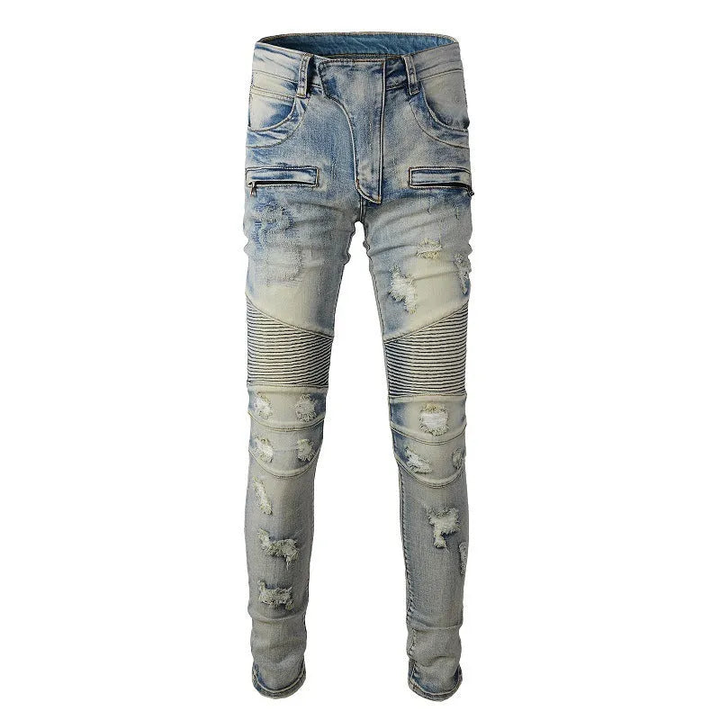 Light blue distressed slim fit men's jeans with hand-frayed detailing and stretch denim fabric
