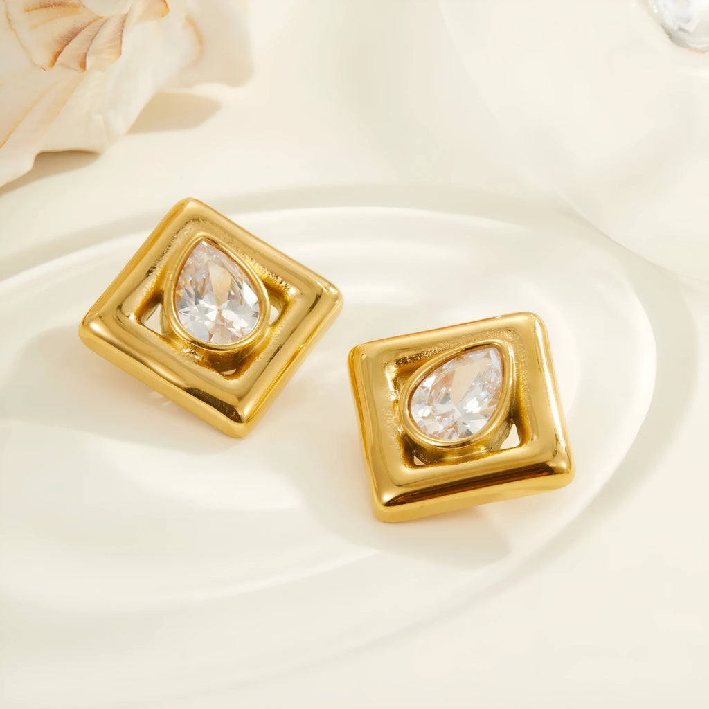 Geometric stainless steel stud earrings with water drop zircon stones in 18K gold colour