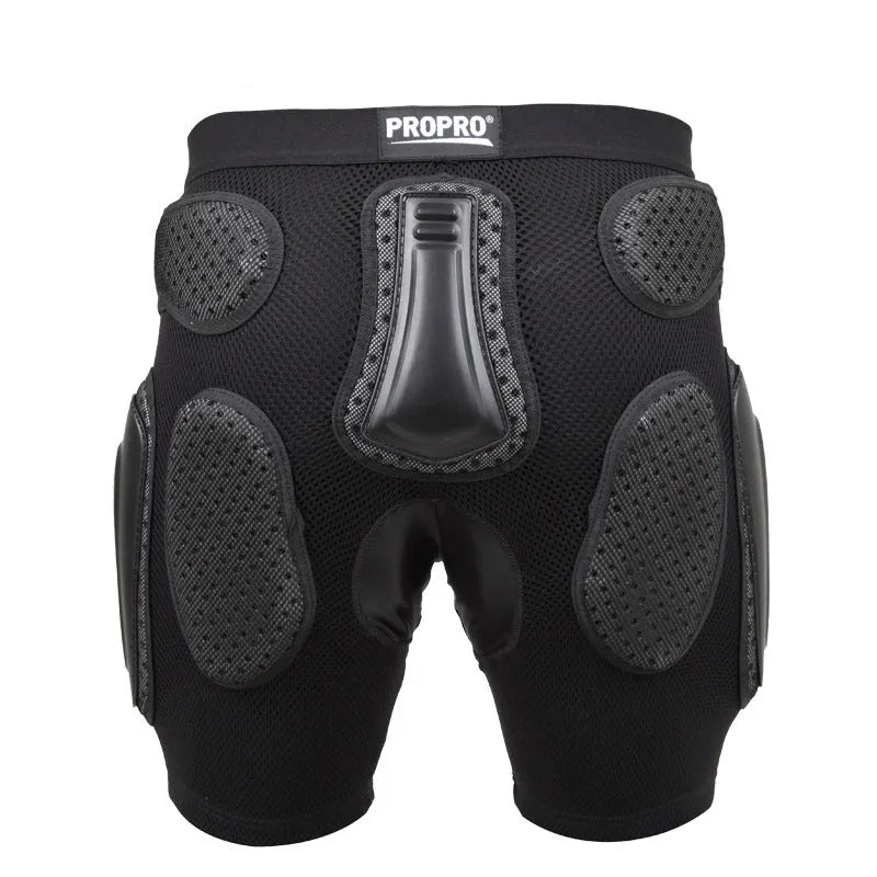 Black cycling protective pants with a removable hip pad for sports safety.