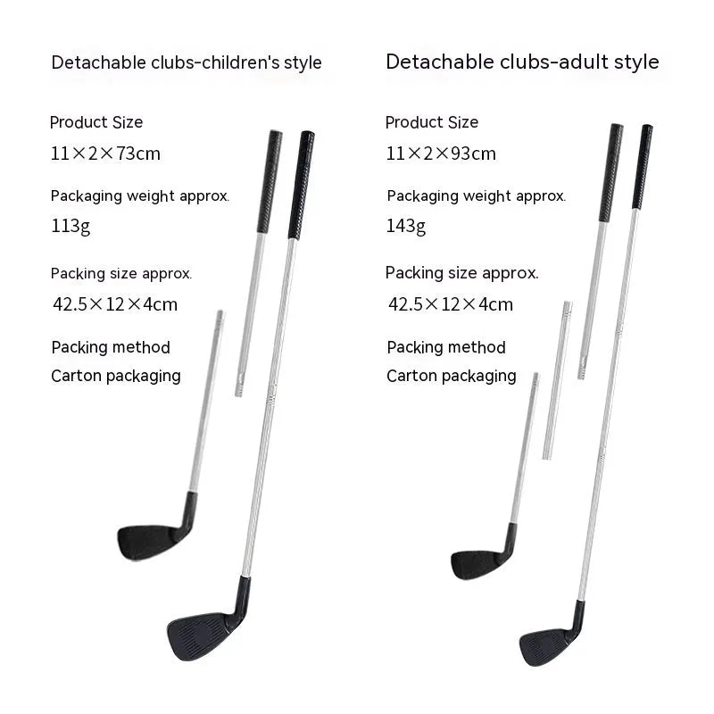 Metal golf club set showing adult and children's colour options for outdoor sports use