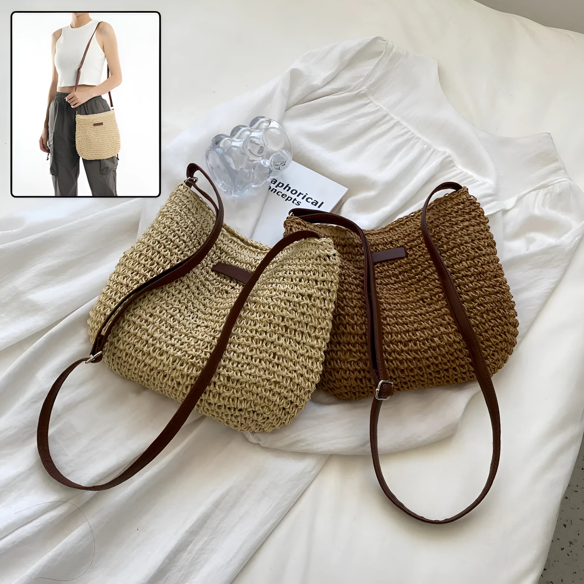 Niche design medium straw tote bag in beige with woven weave and zipper closure
