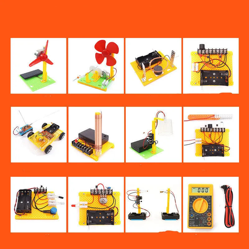 Handmade DIY electronic science experiment set with plastic solar fan and motor parts for students aged 7-14