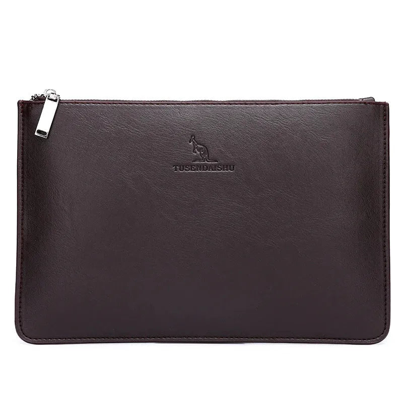 Men's soft PU leather clutch showing card slots, bill compartments, and zipper pocket