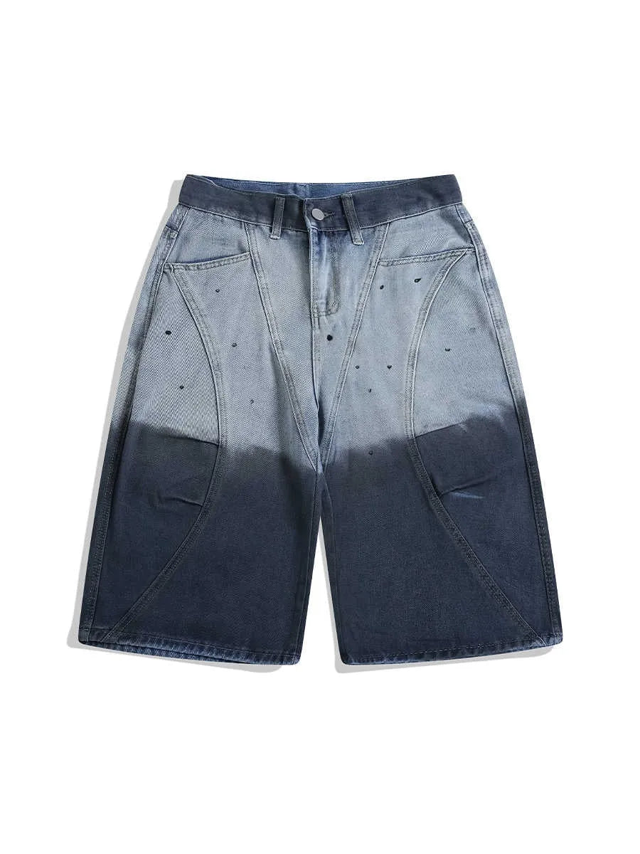 Blue tie-dye gradient washed-out cropped jeans with loose fit and worn looking finish