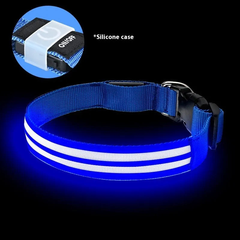 Shiny double fiber nylon dog collar with luminous mode, available in multiple colours and sizes S, M, L