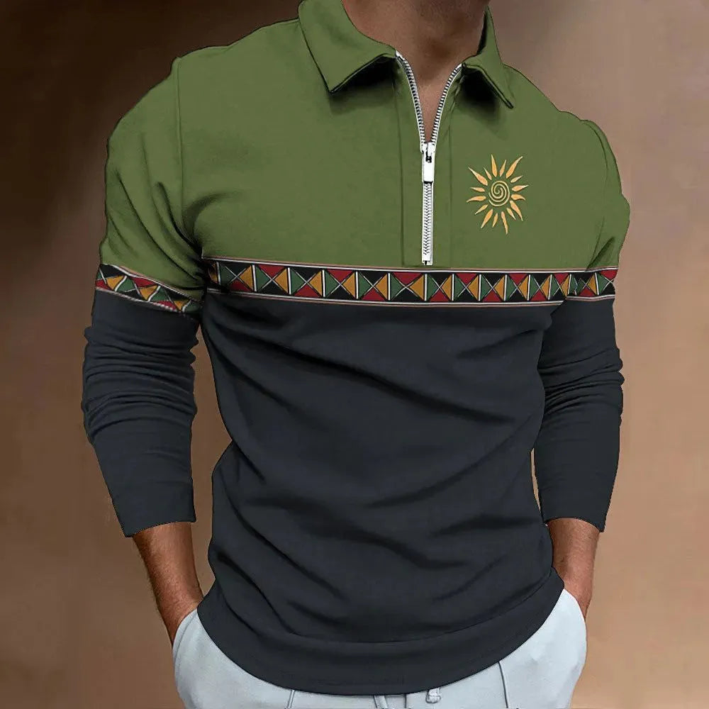 Men's long sleeve t-shirt with retro colour printing and striped zipper decoration on polyester bird eye cloth