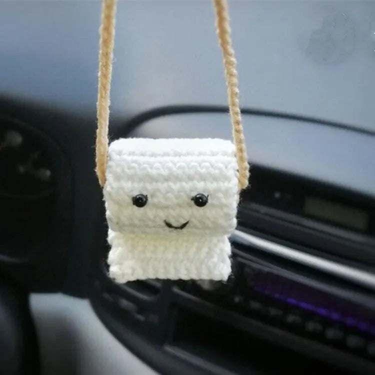 Plush hand-woven polyester automobile hanging ornament with cartoon style design on car dashboard