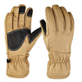 Army Green tactical ski glove with touch screen fingertips on a snowy background.