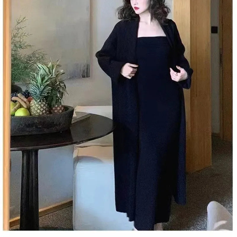 Women's grey knitted cardigan dress and coat two-piece suit set with flocking detail